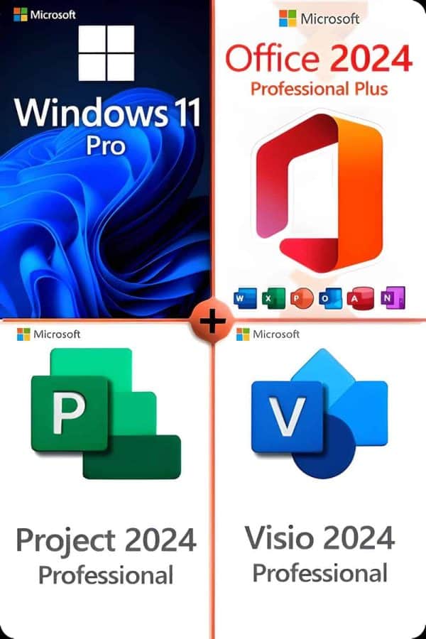 Microsoft Windows 11 Professional + Project 2024 Professional  + Office 2024 Professional  + Visio 2024 Professional licens för 3 anordningar